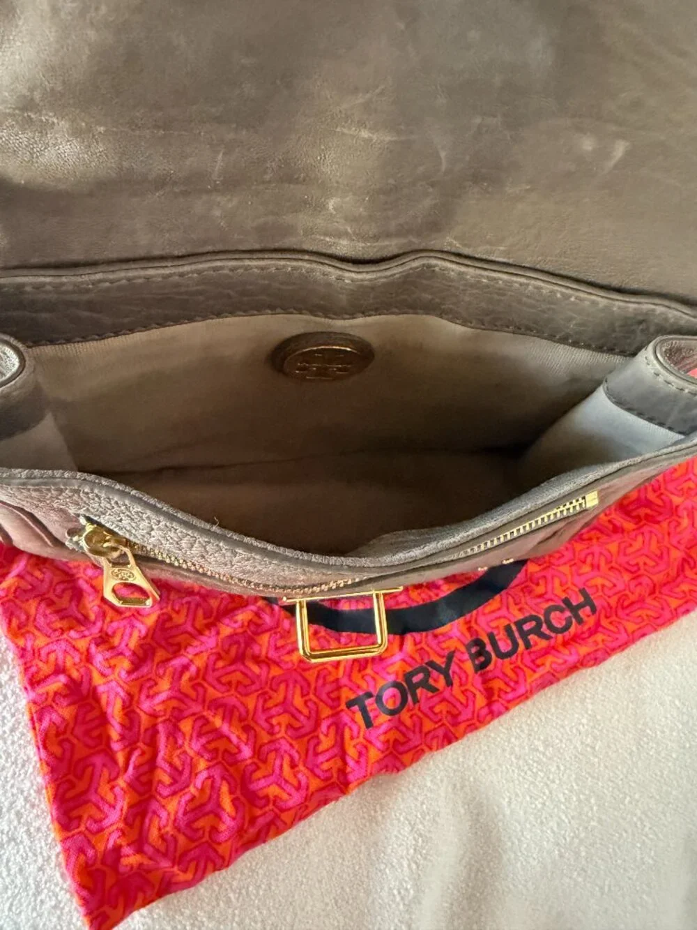Tory Burch Taupe Gray Pebbled Leather Envelope Wristlet Clutch